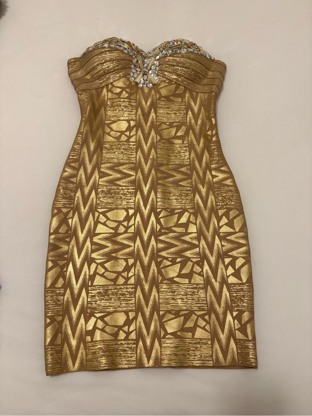 Herve Leger Metallic Gold Strapless Embellished Bandage Dress